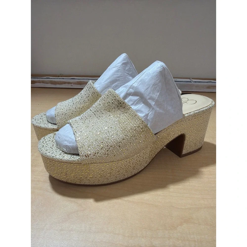 Jessica Simpson Gold Metallic Woven Platform Slide Sandals Block Heel Mules